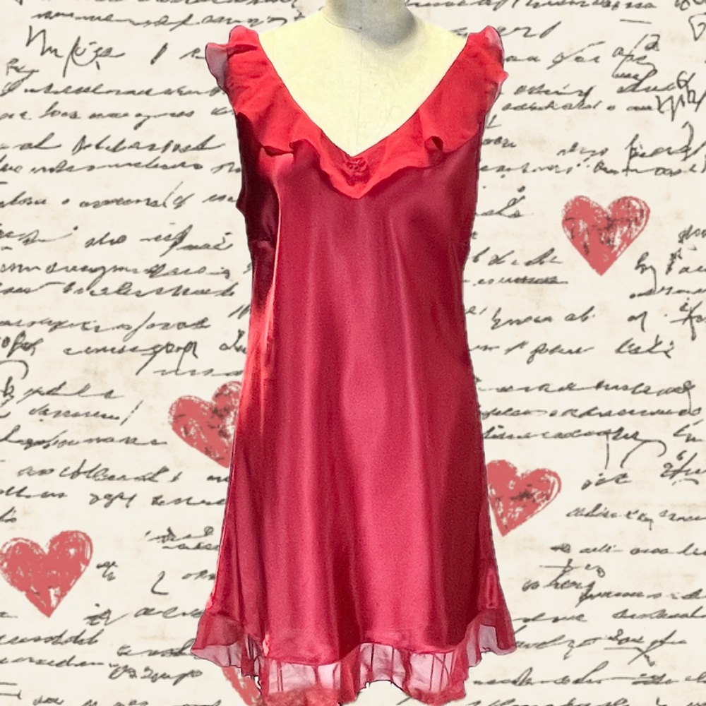 VINTAGE silky nightgown lingerie Sears lipstick red chiffon ruffle midi 80s 90s